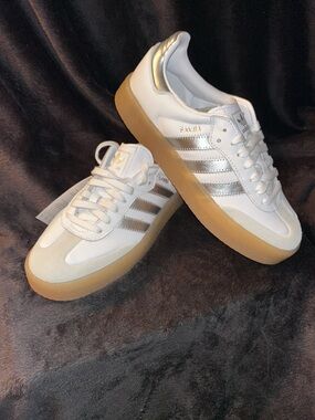 adidas Samba Women's White Sneakers with Metallic Silver Stripes and Gum Sole